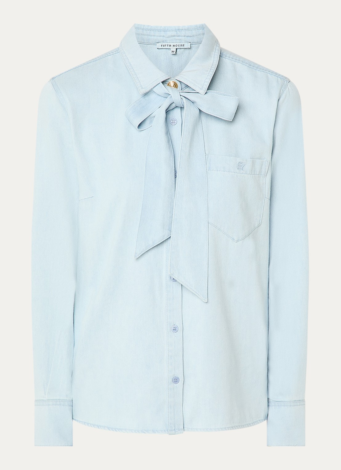 Fifth House Mette blouse van denim met borstzak en sjaalkraag - voorkant 3 lichtblauw