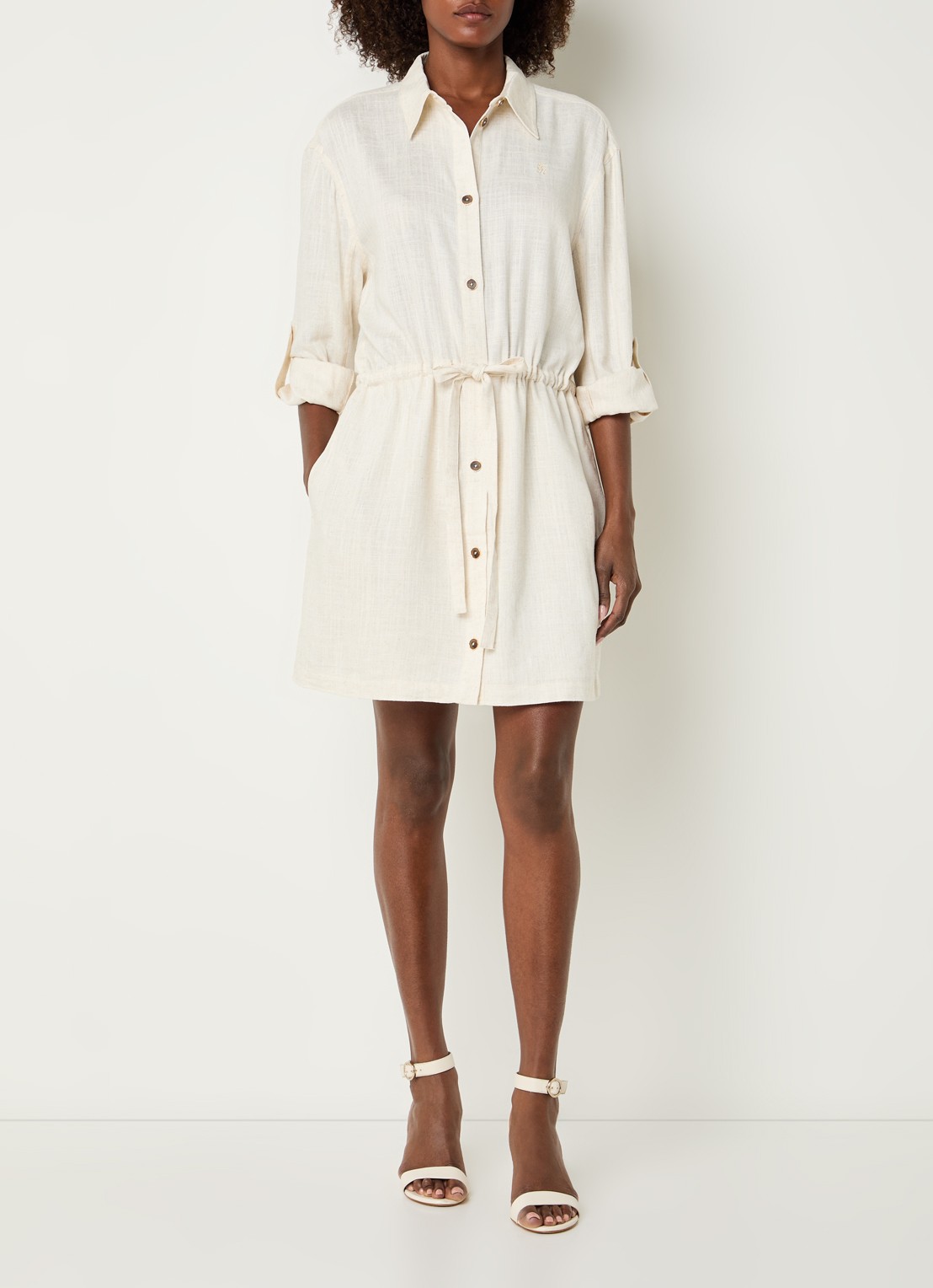 Fifth House Neville mini blousejurk in linnenblend met strikceintuur - voorkant 4 creme