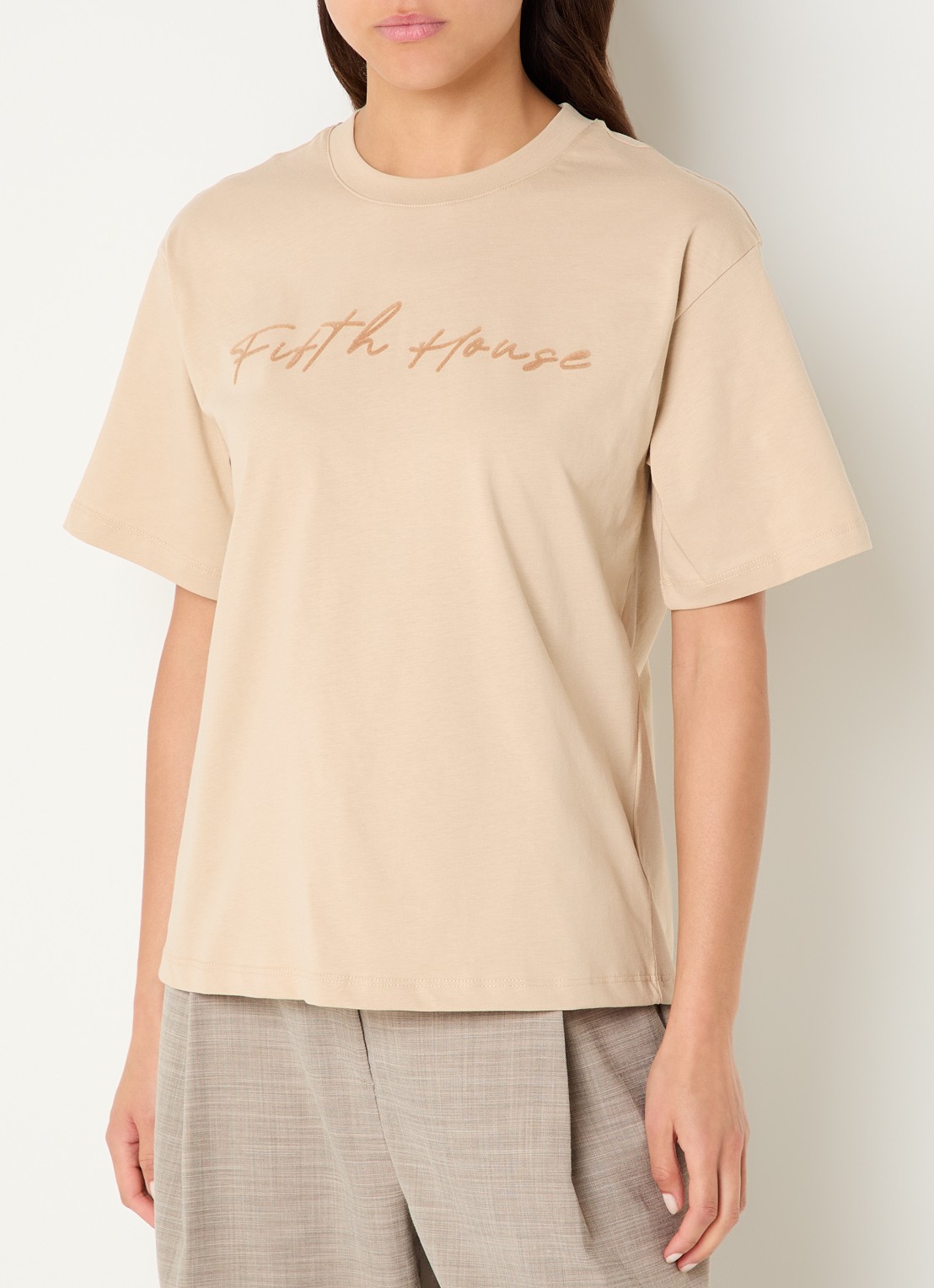 Fifth House Odilla T-shirt met flock logoprint - detail 3 beige