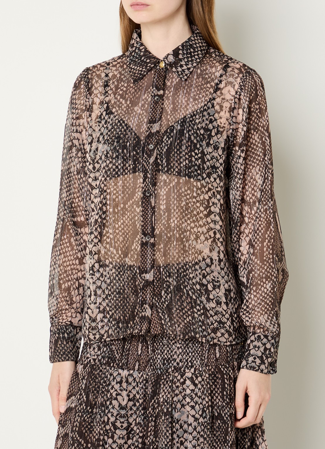 Fifth House Olicia semi-transparante blouse met slangenprint - detail 2 bruin