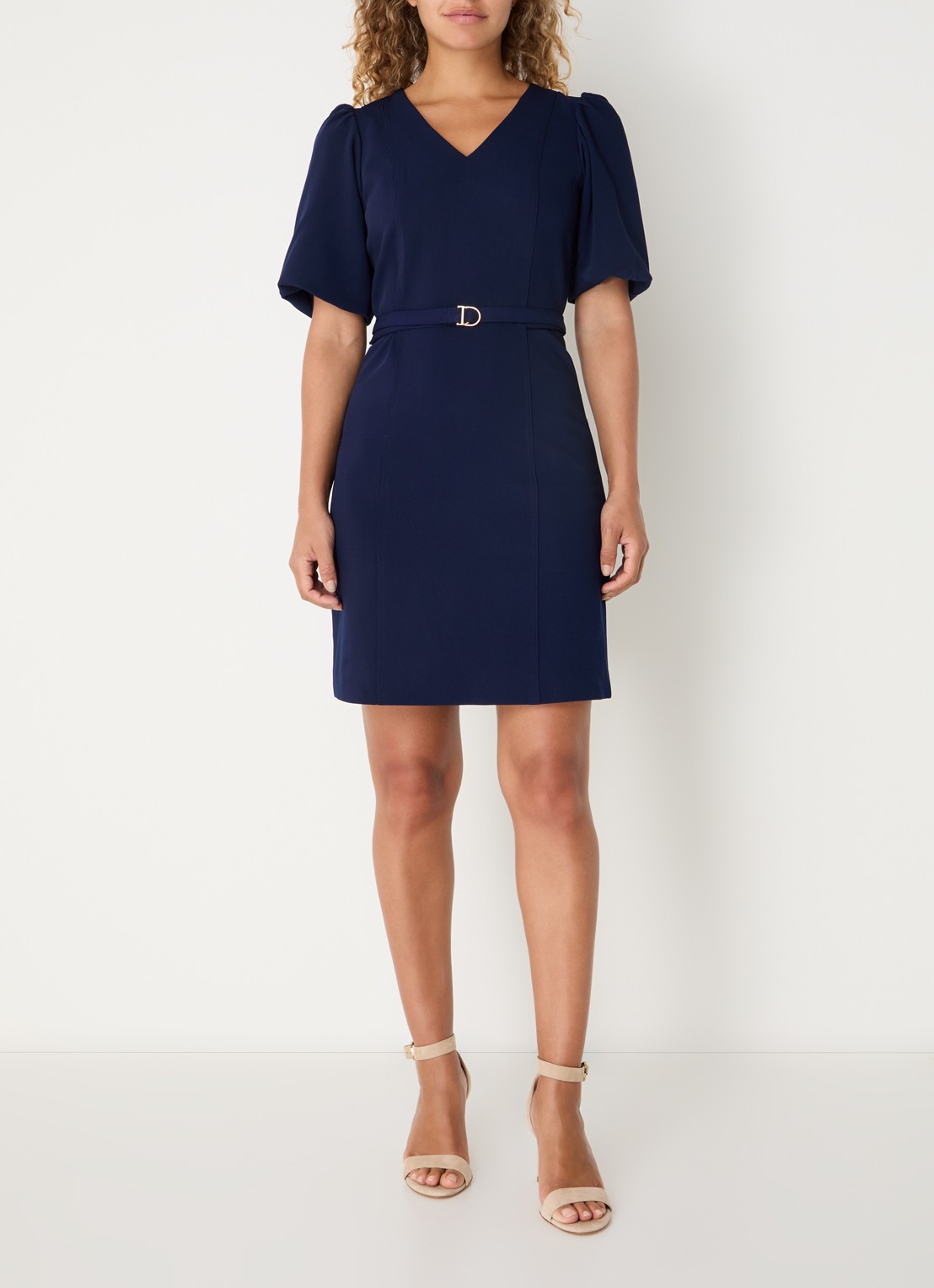 Fifth House Ozias mini jurk met pofmouw en ceintuur - voorkant 4 royalblauw