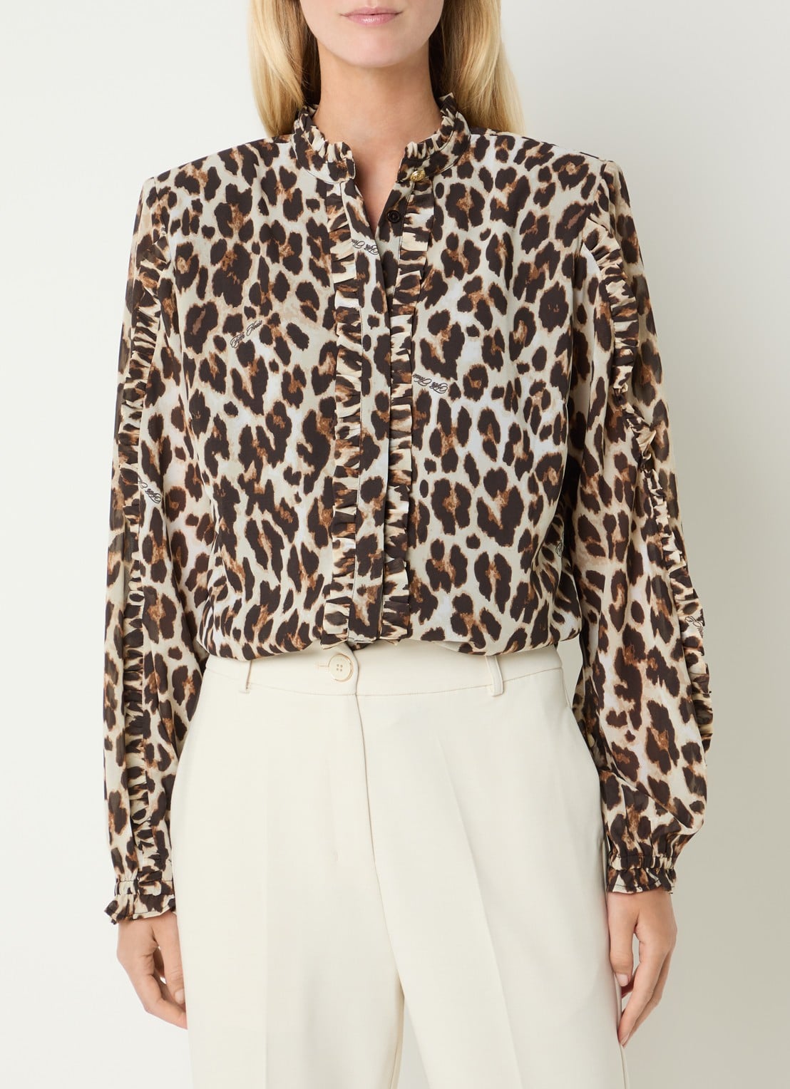 Fifth House Palesa blouse met panterprint en ruches - detail 2 bruin