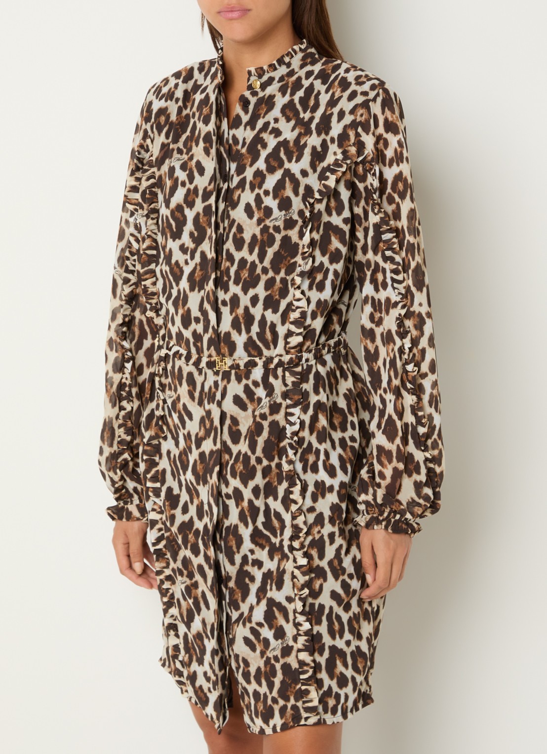 Fifth House Palesa mini blouse jurk met panterprint en volant  - detail 4 bruin
