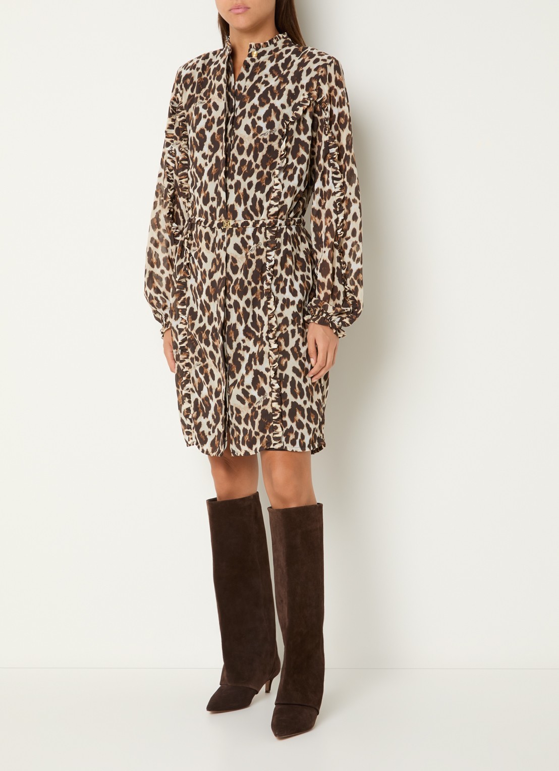 Fifth House Palesa mini blouse jurk met panterprint en volant  - voorkant 2 bruin
