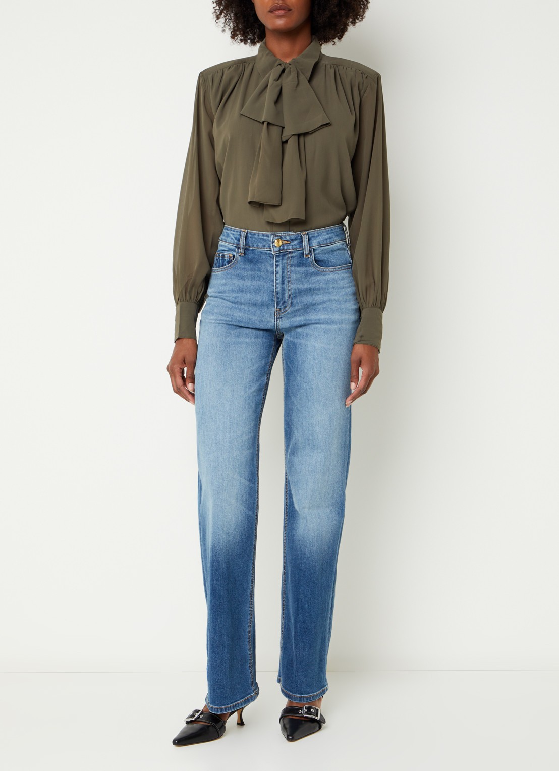 Fifth House Pascalle mid waist straight fit jeans met lichte wassing - voorkant 3 indigo