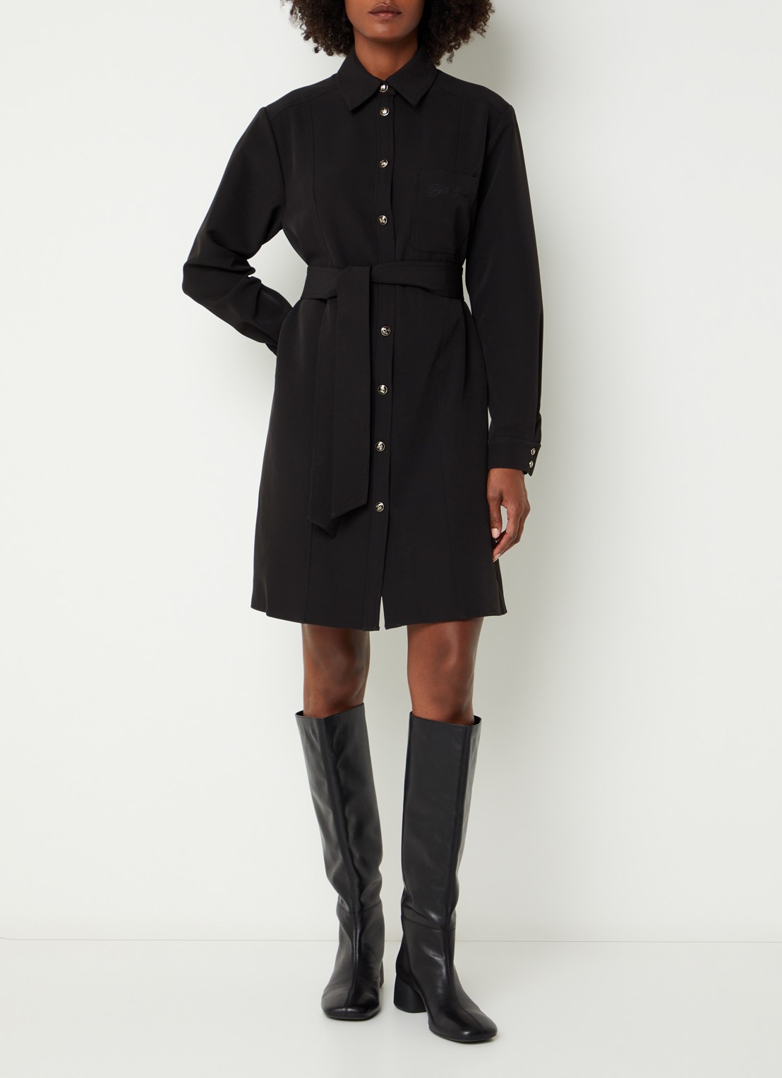 Fifth House Peggi midi blousejurk met strikceintuur - voorkant 4 zwart