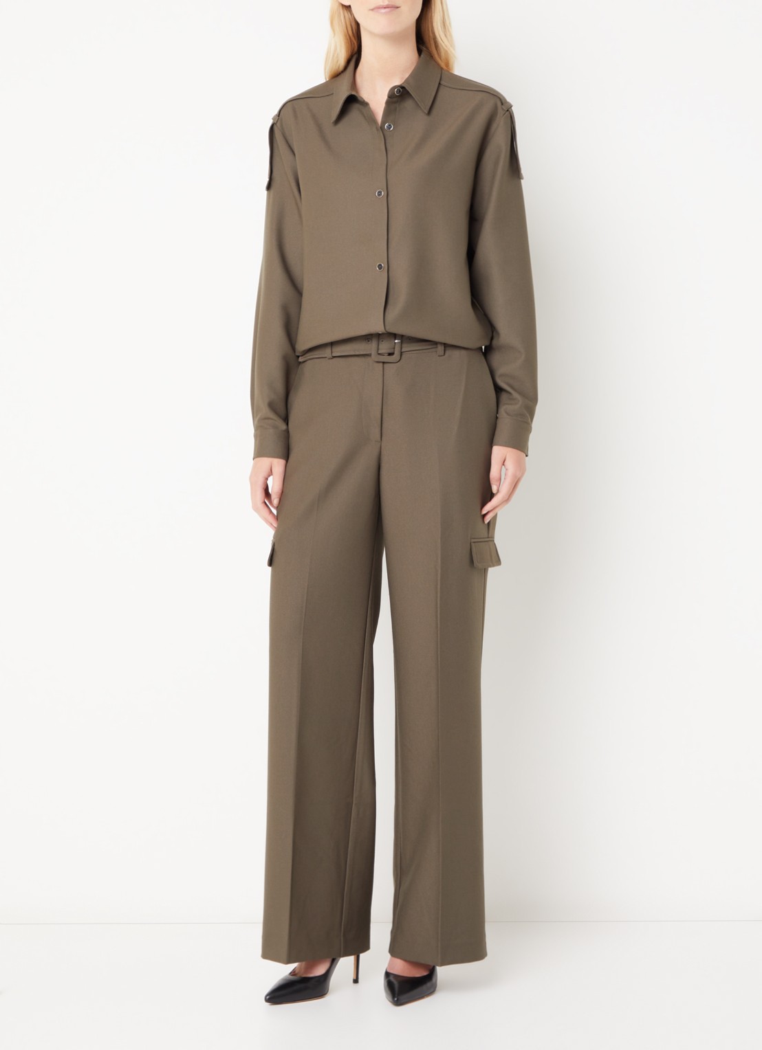 Fifth House Phelia high waist wide fit pantalon met steekzakken - voorkant 4 groen