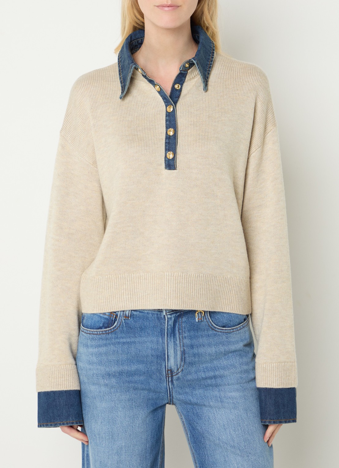 Fifth House Poety sweater met details van denim - detail beige