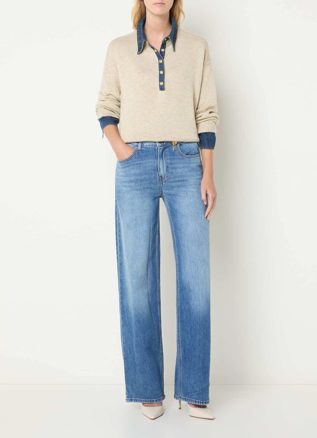 Fifth House Poety sweater met details van denim - voorkant 4 beige