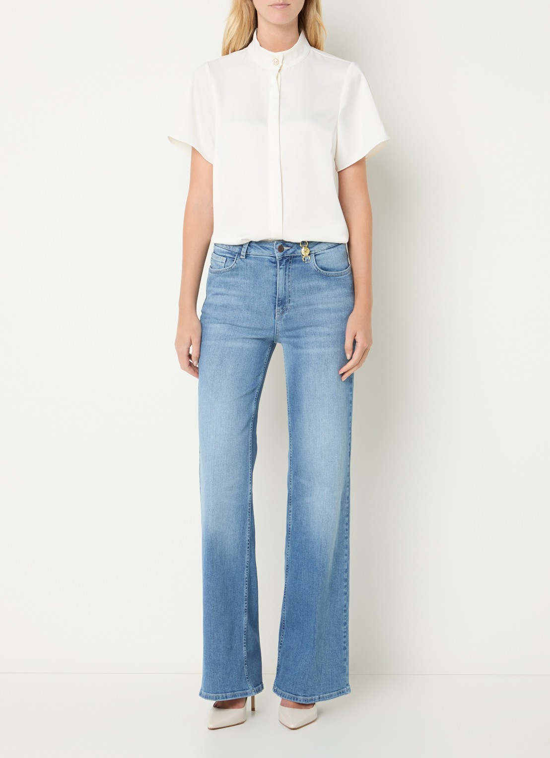 Fifth House Pomeline blouse met opstaande kraag - voorkant 2 gebroken wit