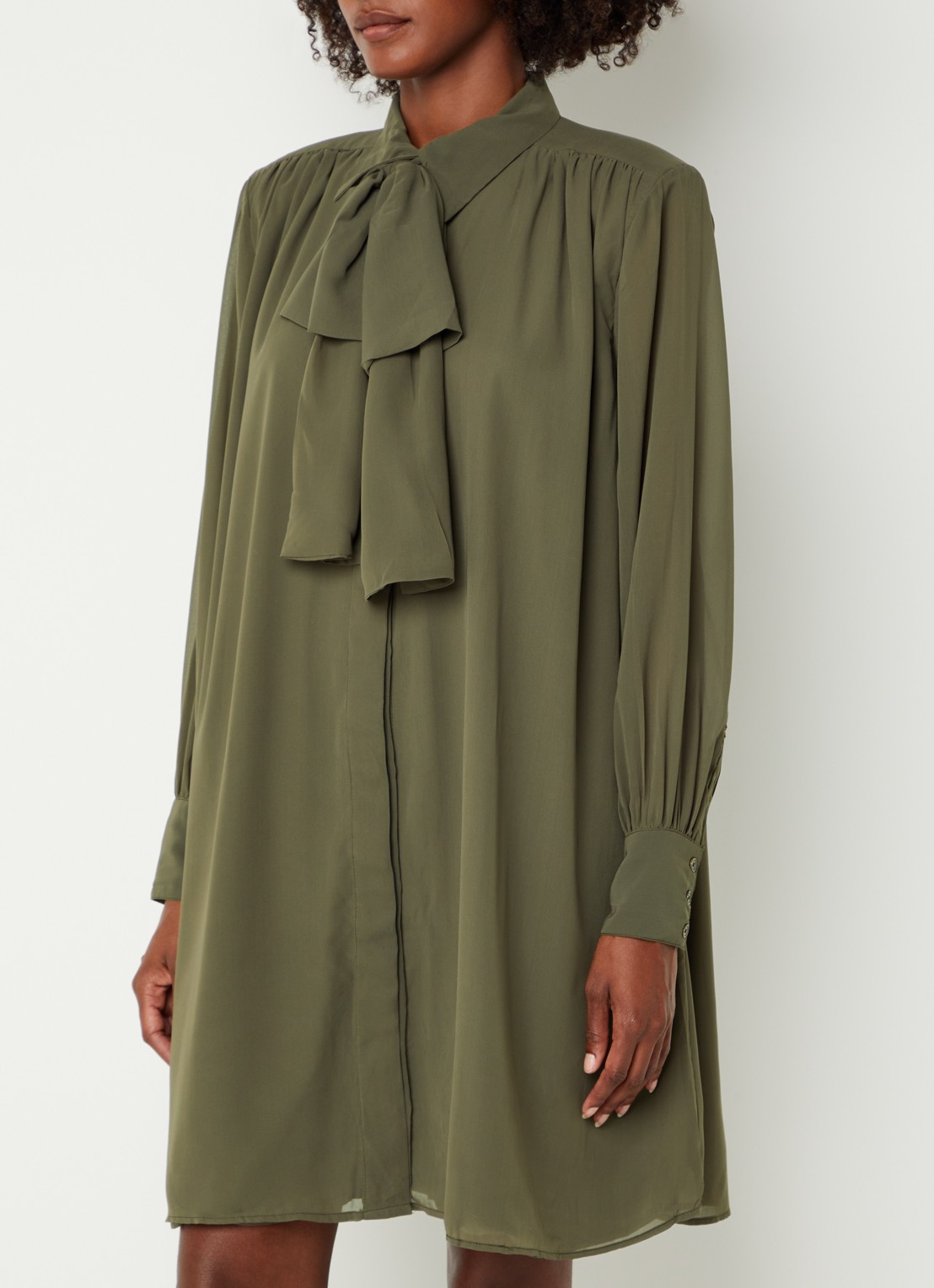 Fifth House Poppy midi blousejurk met strikceintuur - detail bronsgroen