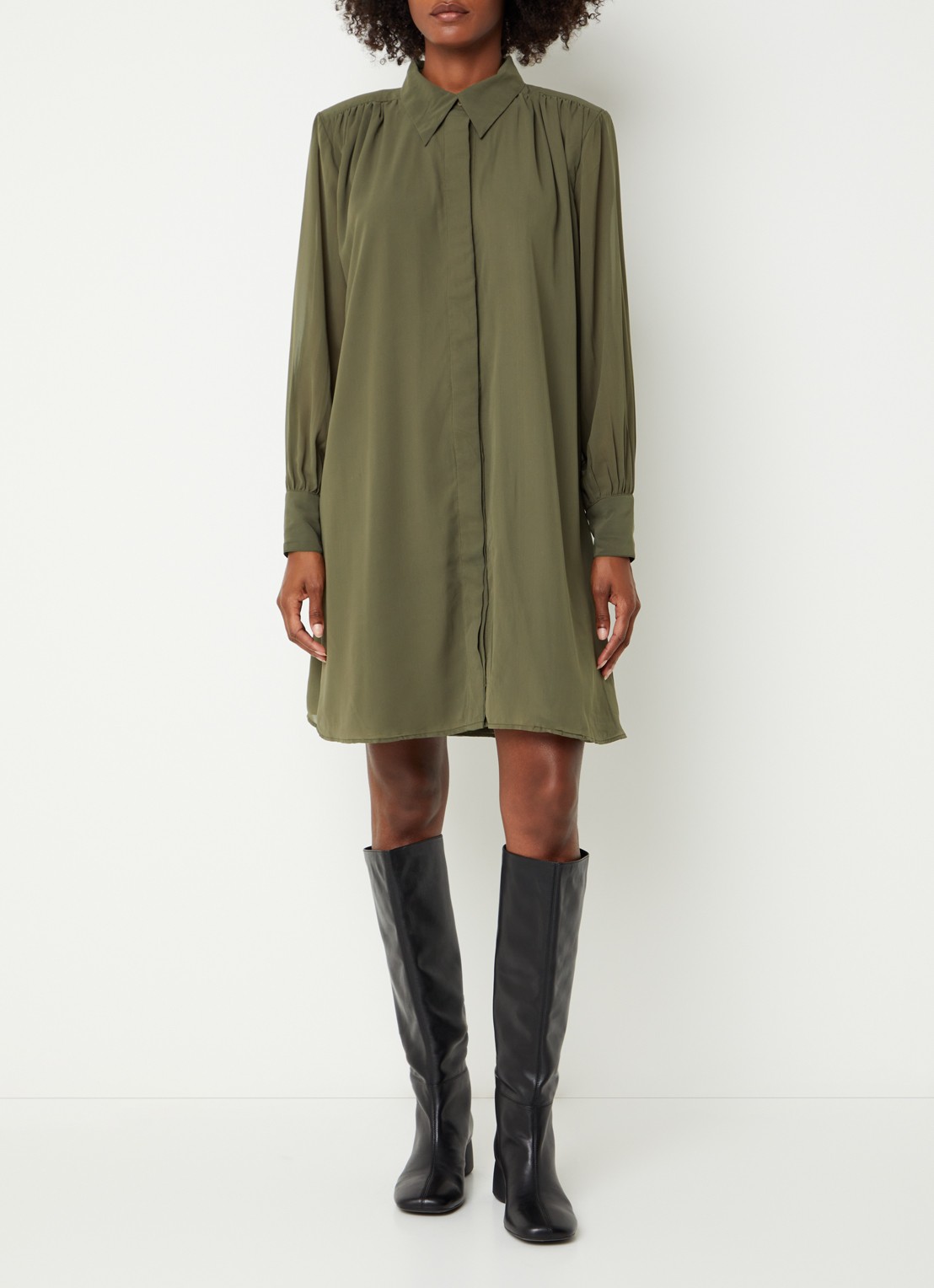 Fifth House Poppy midi blousejurk met strikceintuur - voorkant 4 bronsgroen