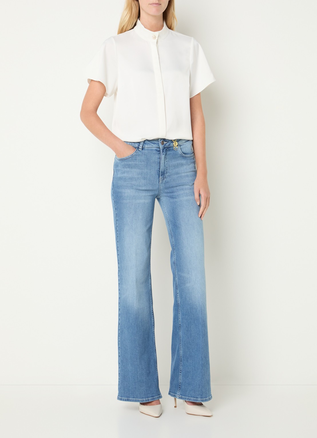 Fifth House Prya high waist wide leg jeans met lichte wassing - voorkant 2 indigo