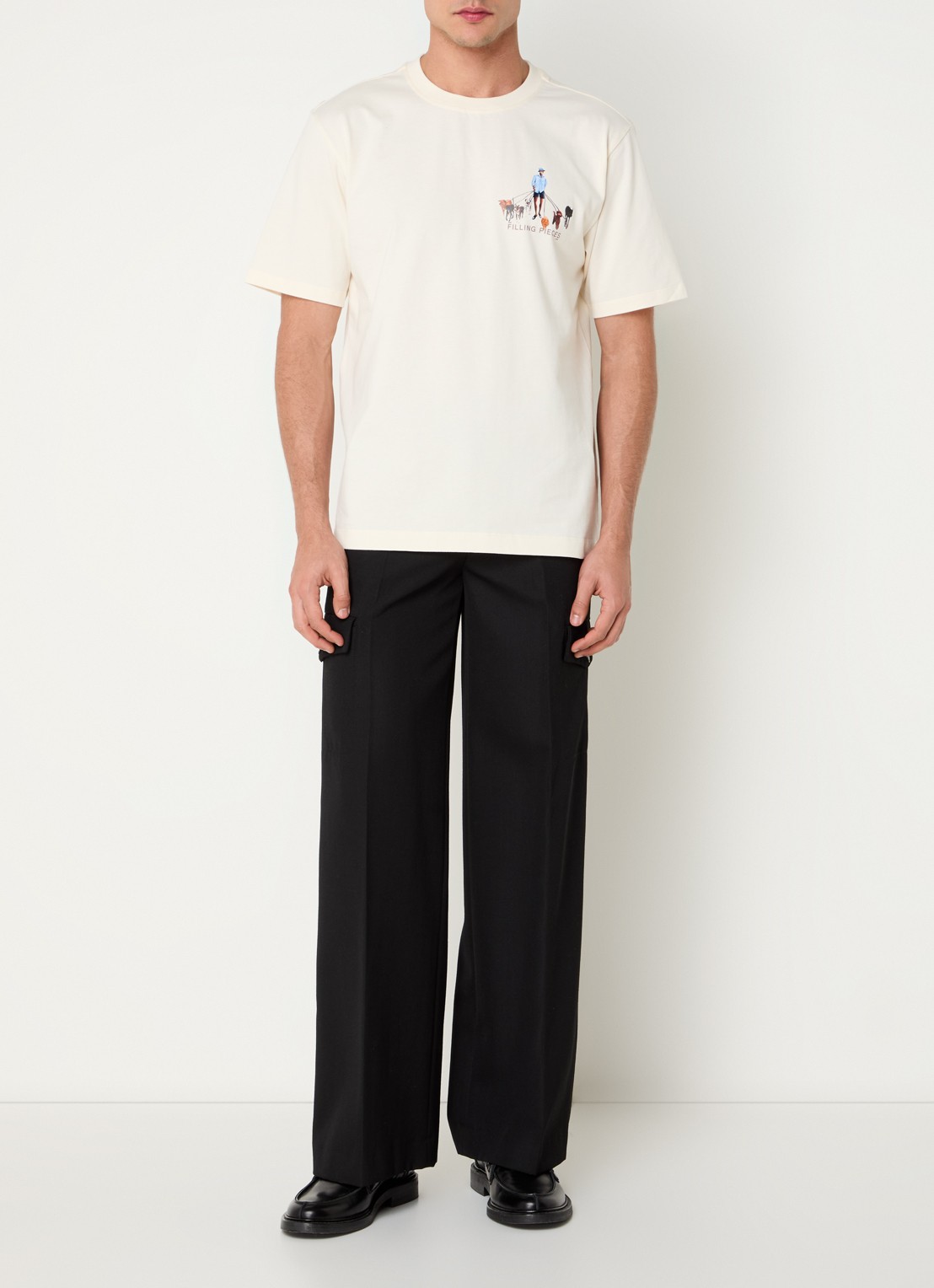 Filling Pieces Dog Walker T-shirt van  katoen met logo- en backprint - voorkant 3 creme