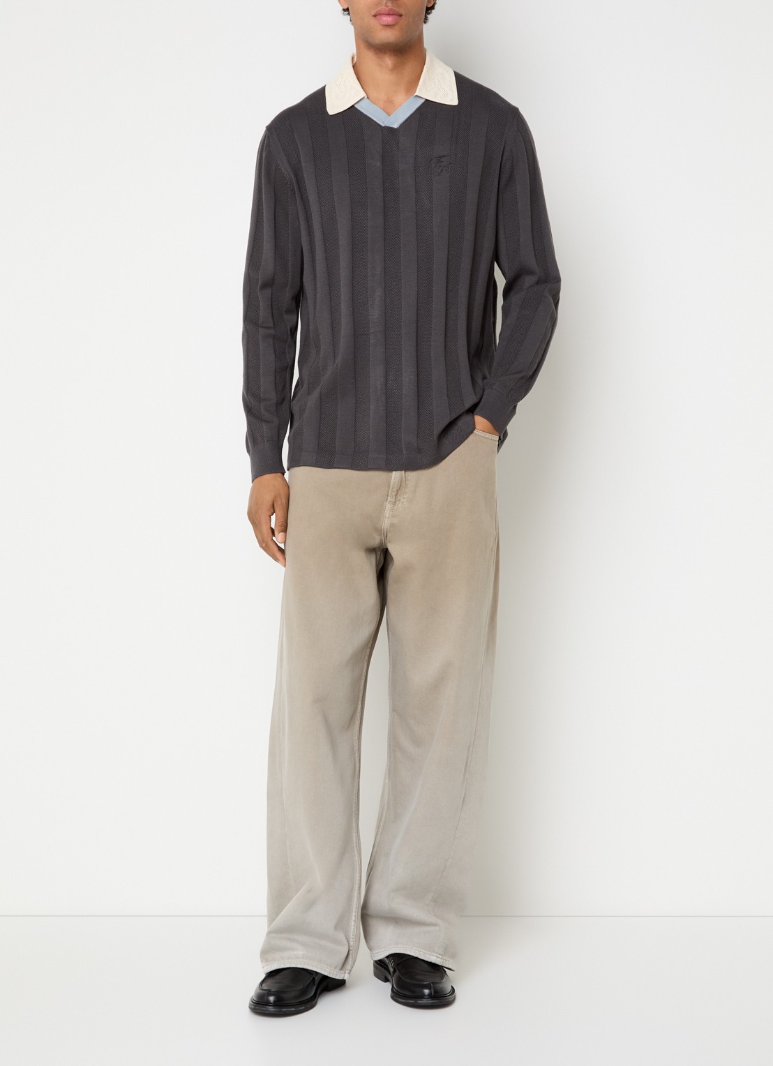 Filling Pieces Grofgebreide pullover met logo - voorkant 2 antraciet