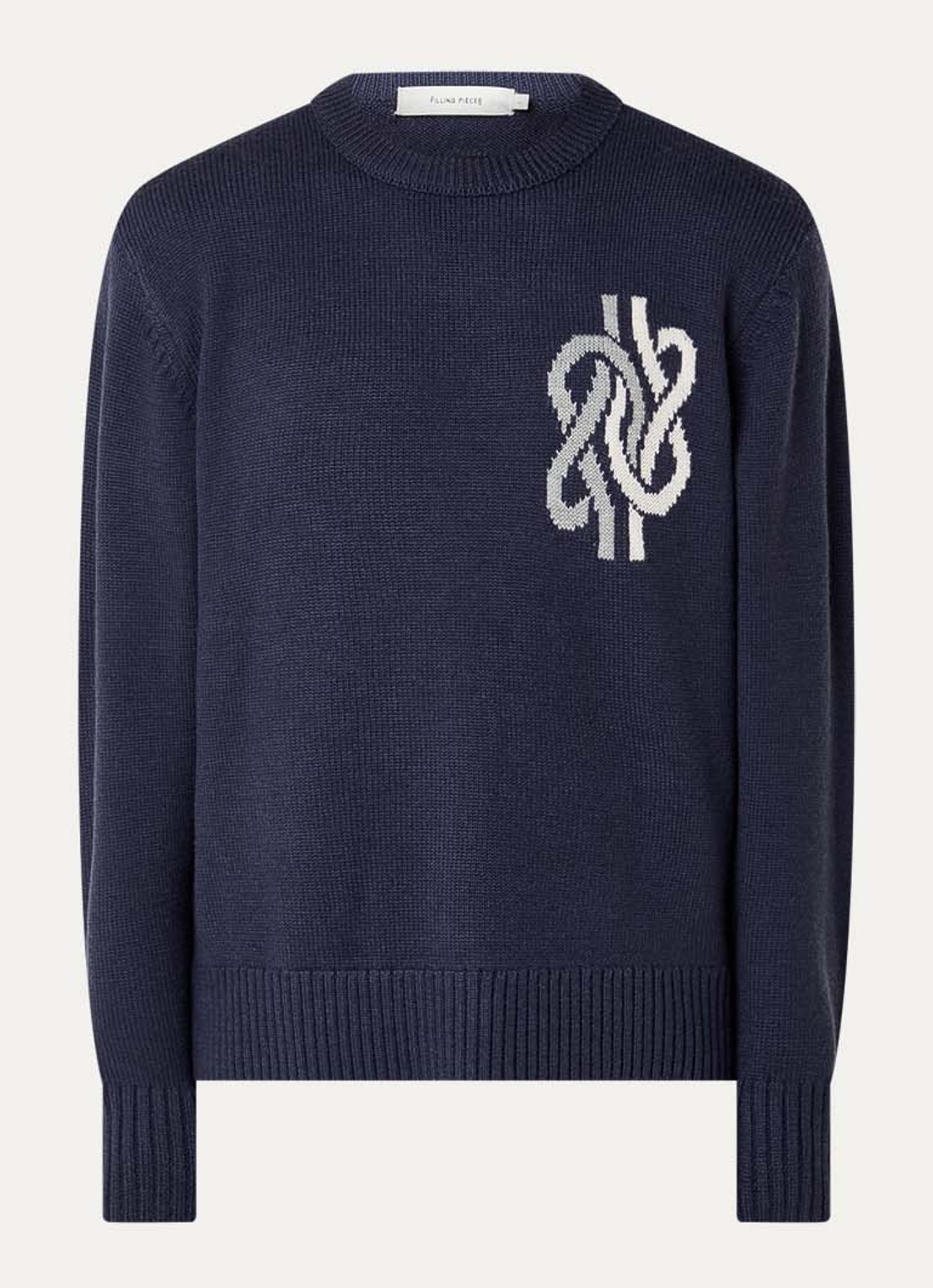 Filling Pieces Knot fijngebreide trui in wolblend met ingebreide print - voorkant donkerblauw
