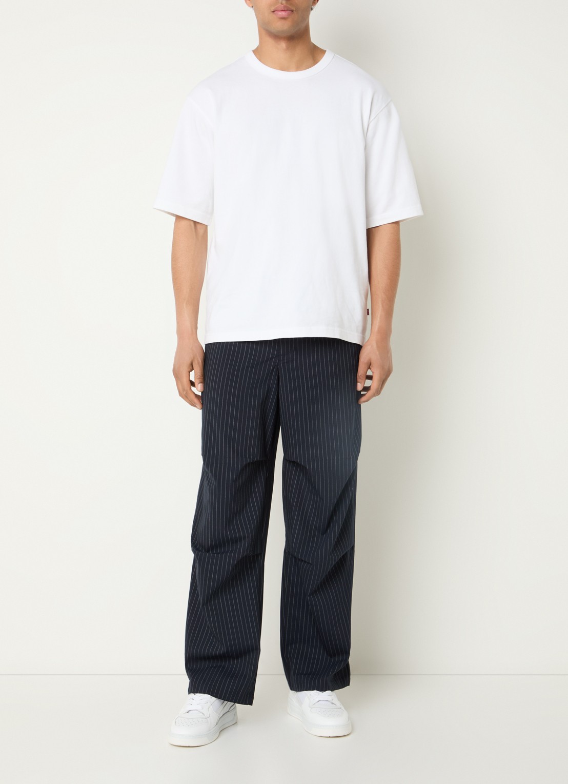 Filling Pieces Loose fit pantalon in wolblend met krijtstreep - voorkant 3 donkerblauw