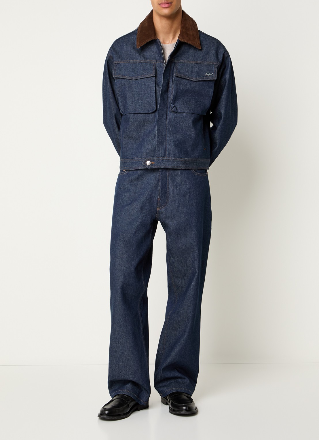 Filling Pieces Raw spijkerjas met details van suède - voorkant 3 indigo
