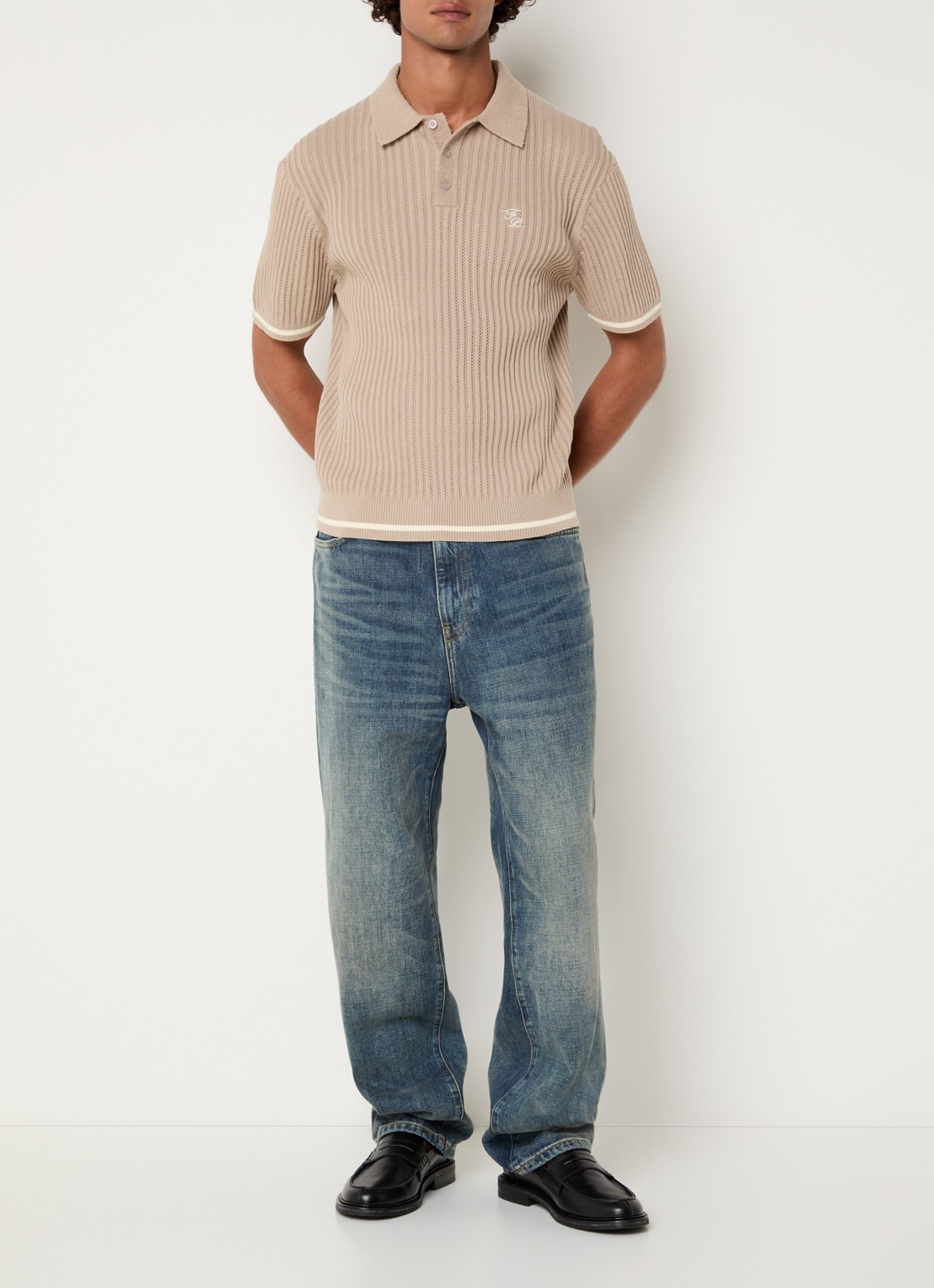 Filling Pieces Regular fit polo met logoborduring - voorkant 3 beige