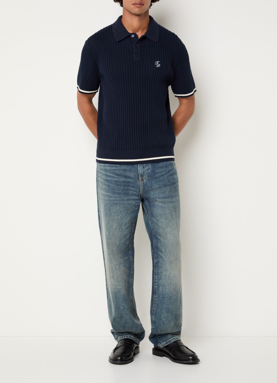 Filling Pieces Regular fit polo met logoborduring - voorkant 3 donkerblauw