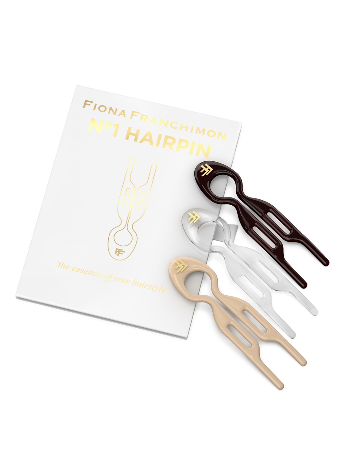 Fiona Franchimon Nº 1 Hairpin - haarpin set van 3 - voorkant 2 transparent, soft beige and brown