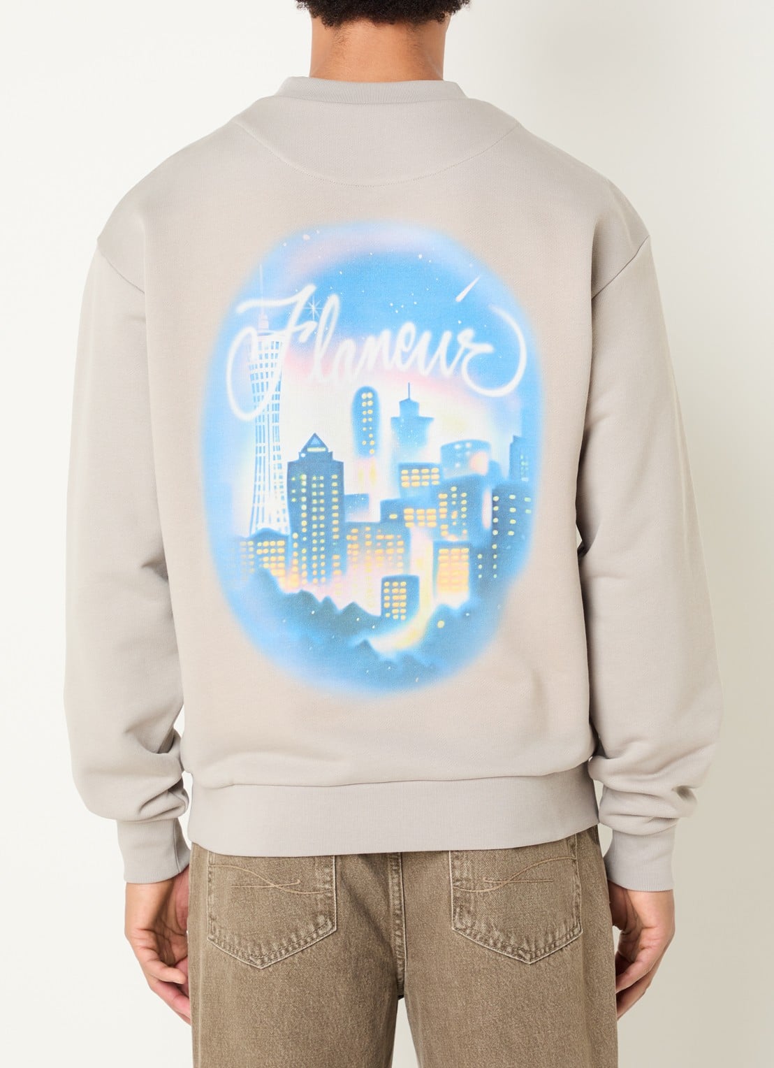 FLÂNEUR City sweater met logo- en backprint - detail lichtgrijs