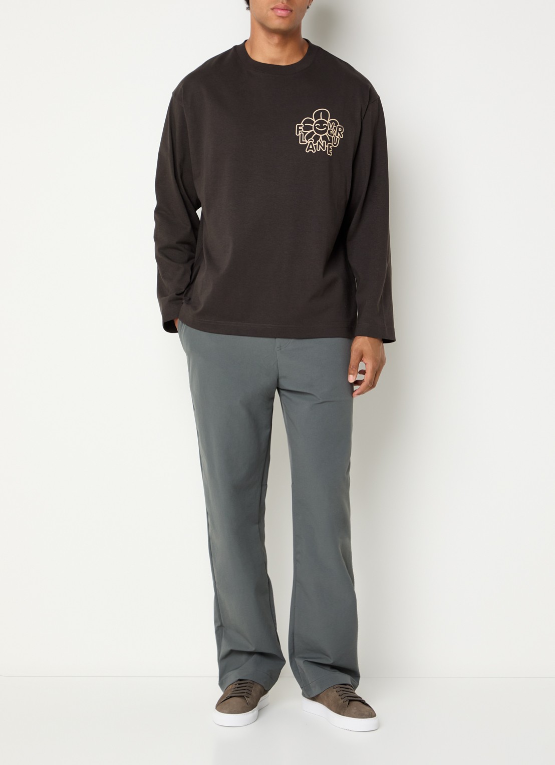 FLÂNEUR Happy Flower longsleeve met logo- en backprint - voorkant 4 bruin
