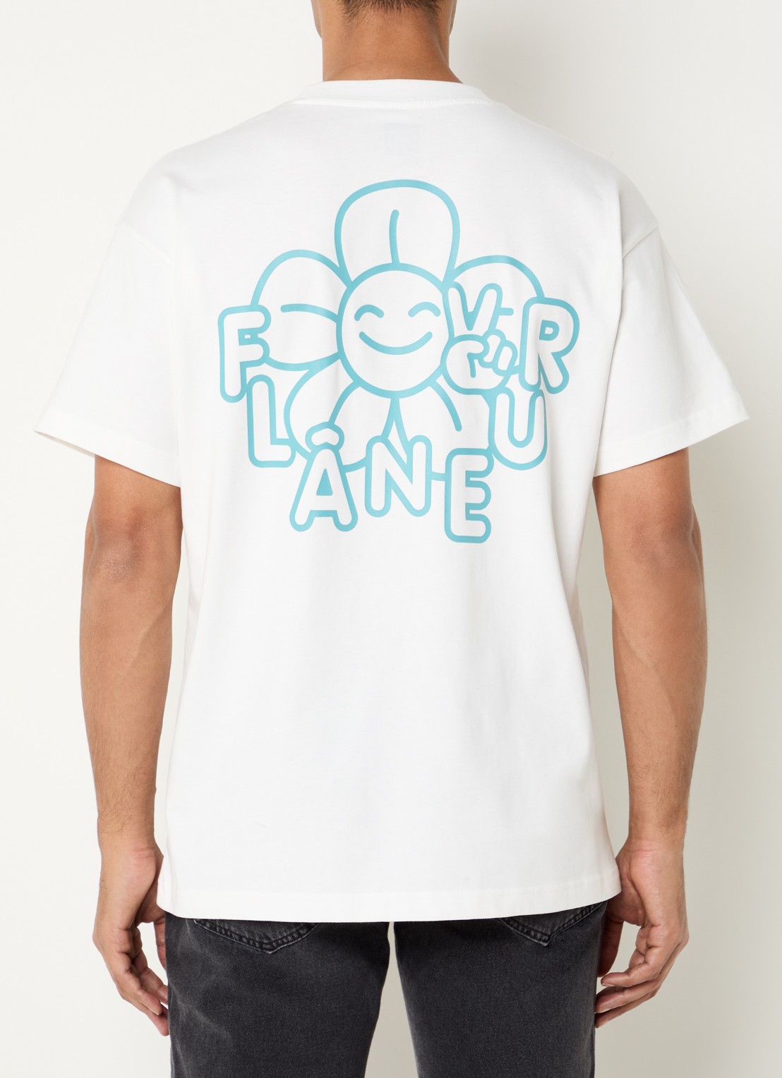 FLÂNEUR Happy Flower T-shirt met logo- en backprint - detail 3 wit