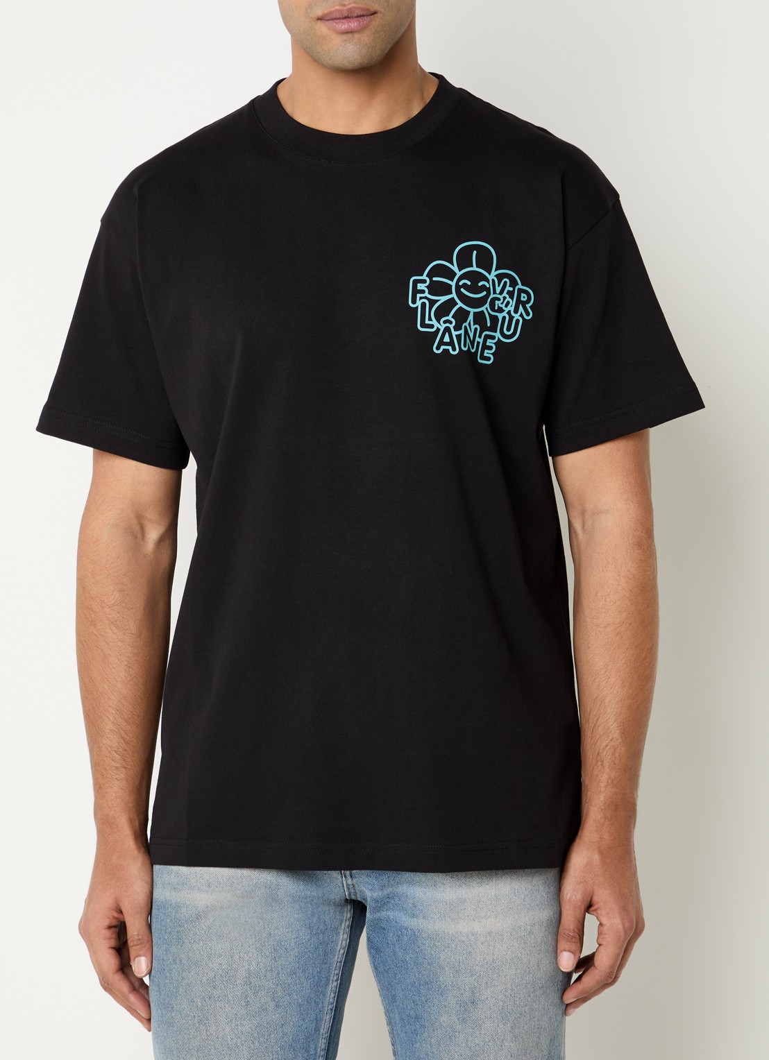 FLÂNEUR Happy Flower T-shirt met logo- en backprint - achterkant 4 zwart