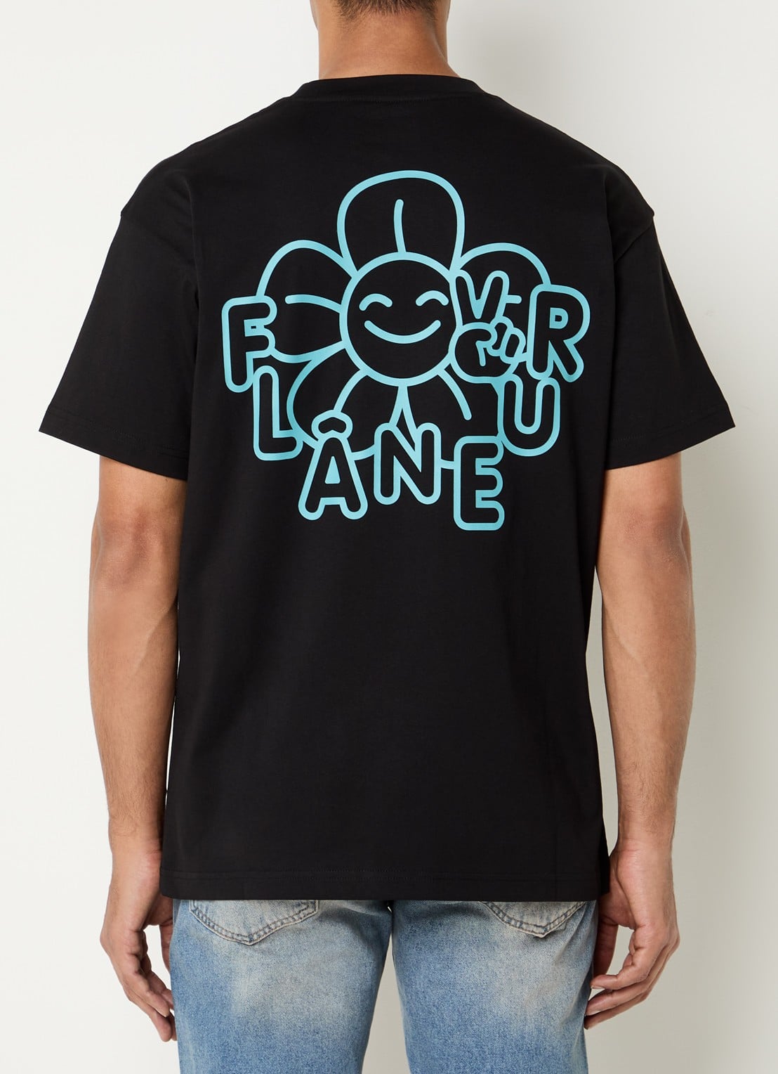 FLÂNEUR Happy Flower T-shirt met logo- en backprint - detail 3 zwart