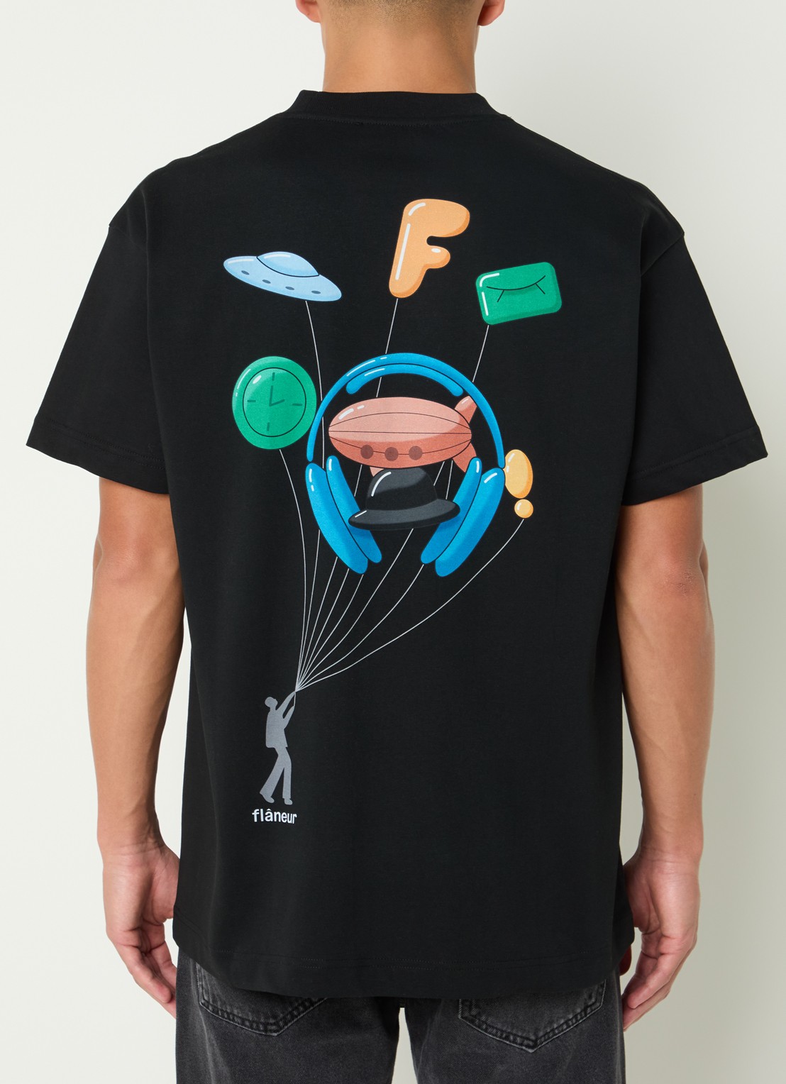 FLÂNEUR Inflatables T-shirt met logo- en backprint - detail zwart