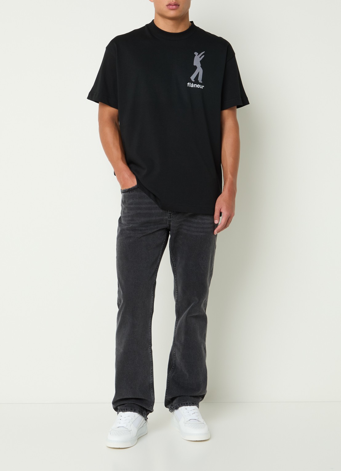 FLÂNEUR Inflatables T-shirt met logo- en backprint - voorkant 4 zwart