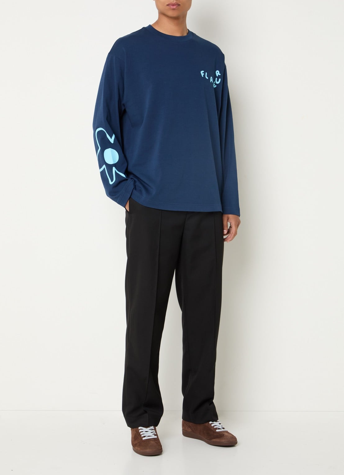 FLÂNEUR Longsleeve met logoprint - voorkant 2 donkerblauw
