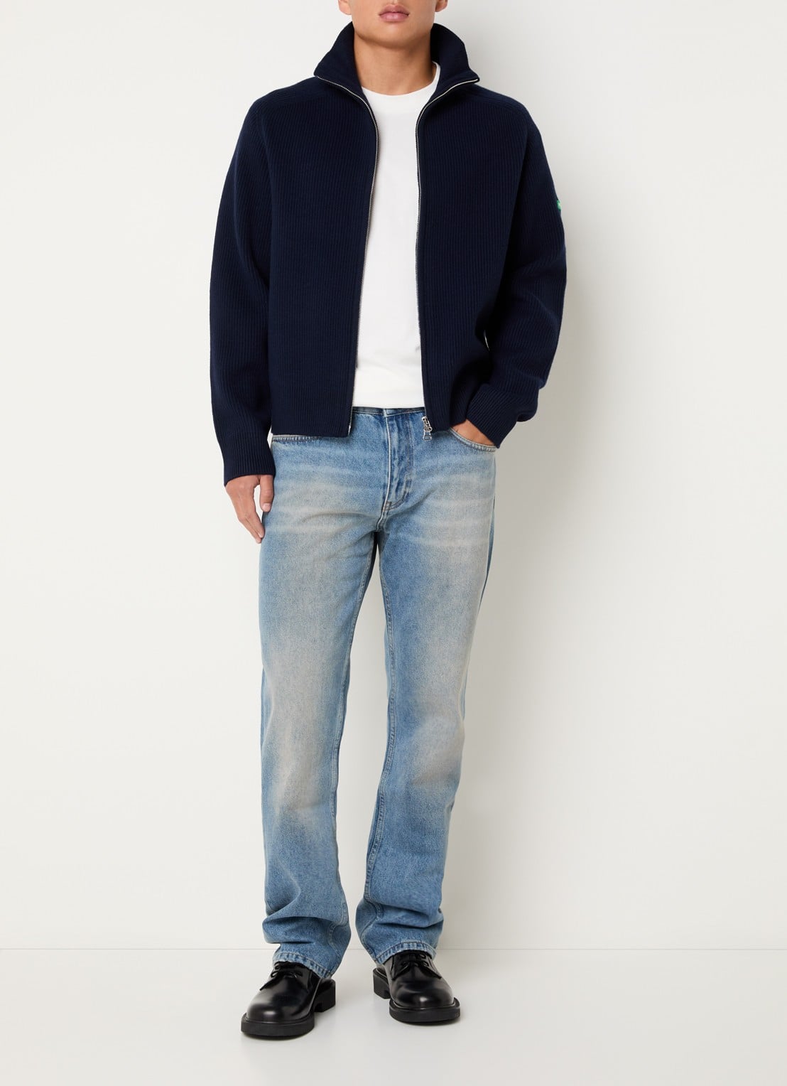 FLÂNEUR Ribgebreid vest van wol met logo - voorkant 2 donkerblauw
