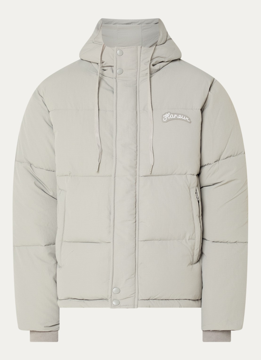 FLÂNEUR Signature puffer jack met capuchon en logo - voorkant 3 grijs
