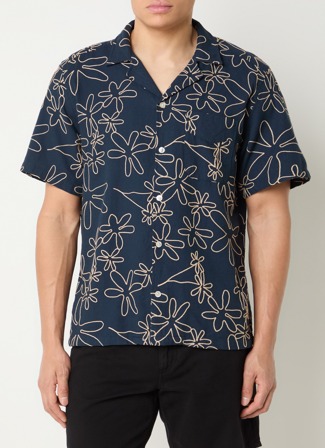 forét Peer comfort fit overhemd met borduring - detail 3 donkerblauw