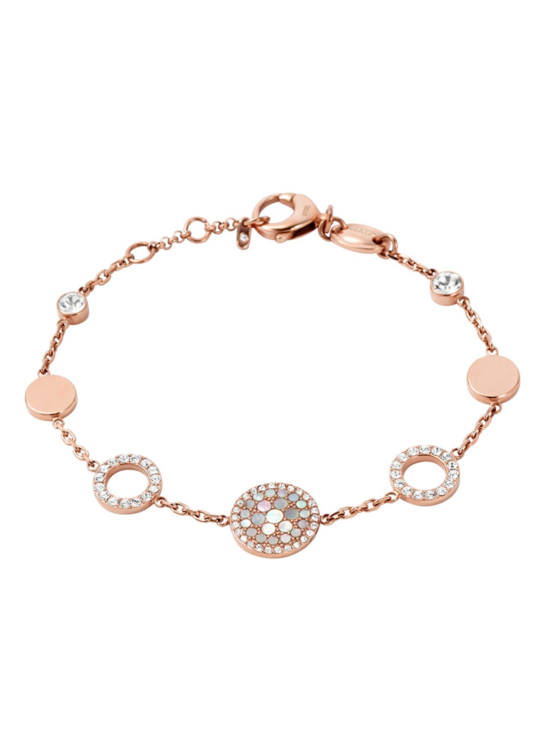 Fossil Bedelarmband met parelmoer JF01739791 - voorkant roségoud