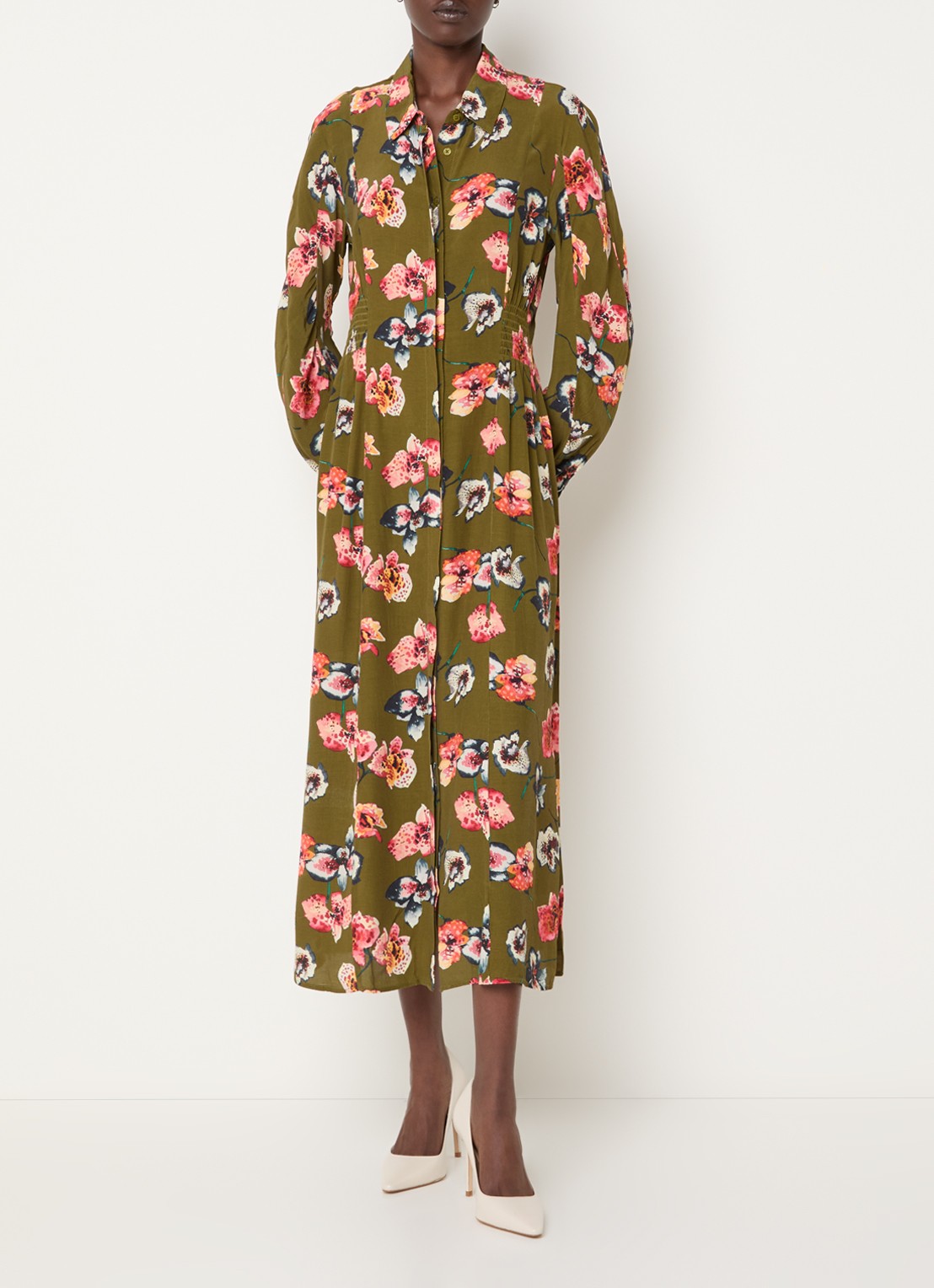 French Connection Abbie Lizzy midi blousejurk met bloemenprint - detail mosgroen
