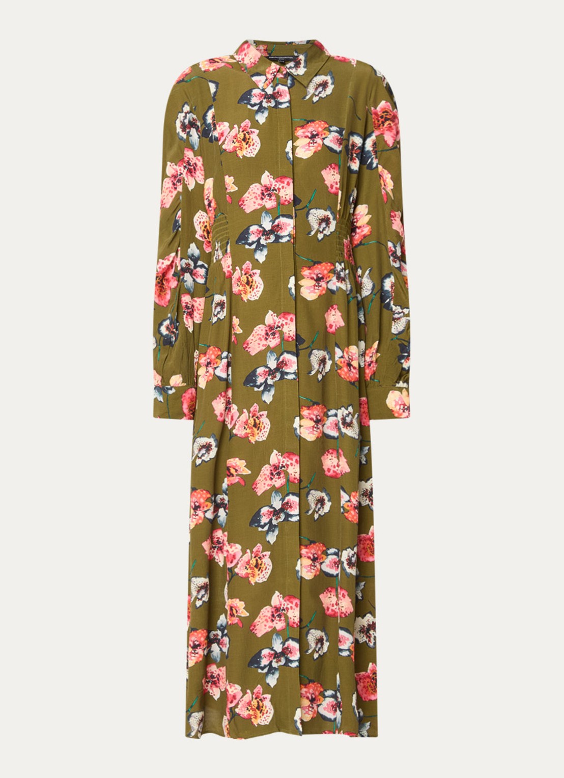 French Connection Abbie Lizzy midi blousejurk met bloemenprint - voorkant 3 mosgroen