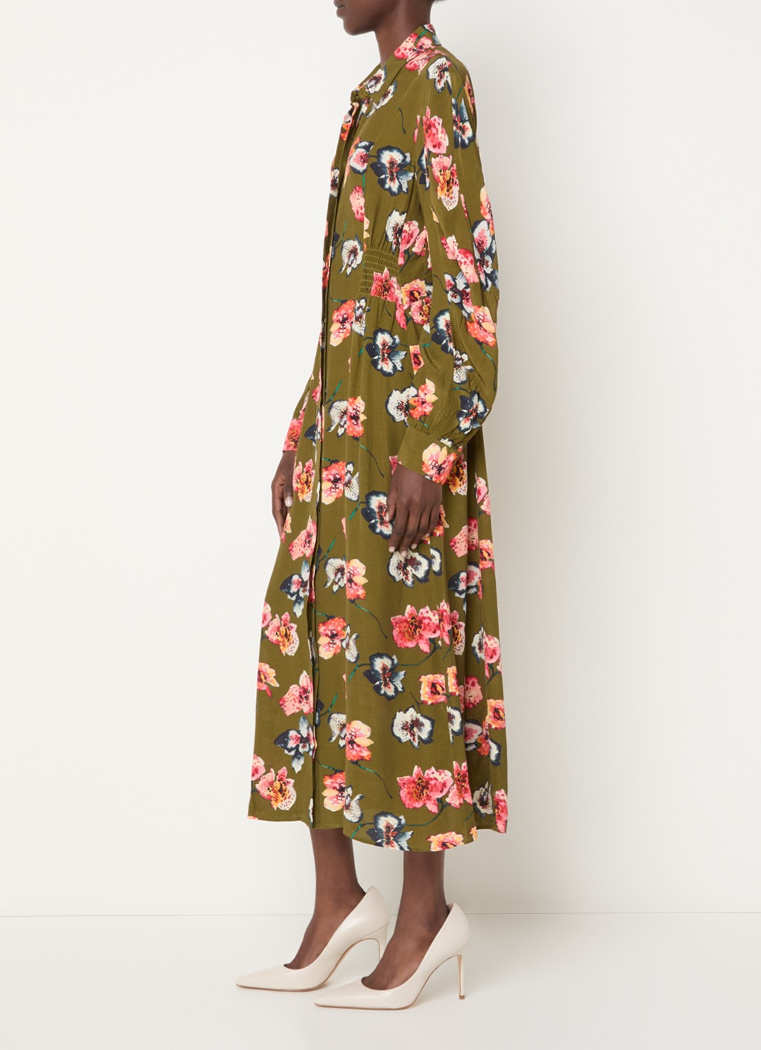 French Connection Abbie Lizzy midi blousejurk met bloemenprint - voorkant 4 mosgroen