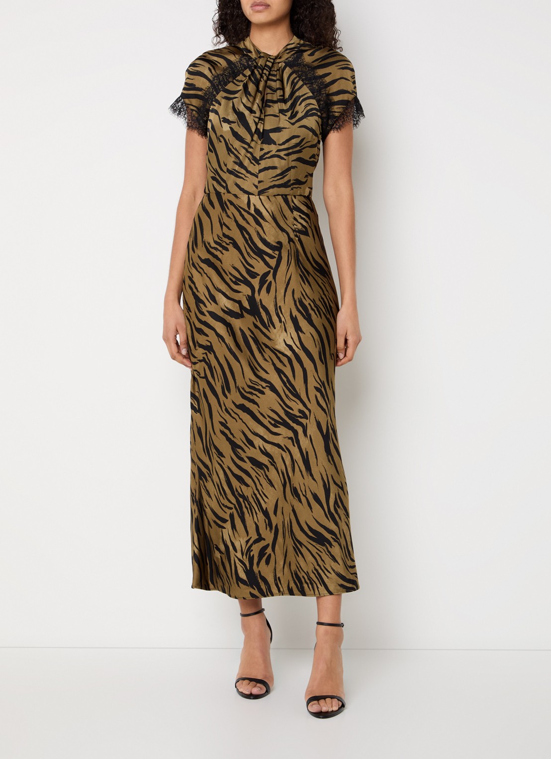 French Connection Abeline ennis midi jurk van satijn met zebraprint - detail 4 mosgroen