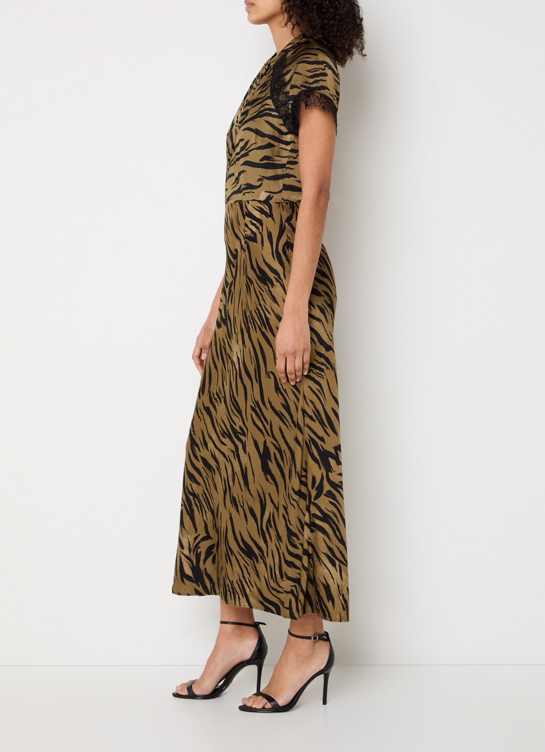 French Connection Abeline ennis midi jurk van satijn met zebraprint - voorkant 2 mosgroen