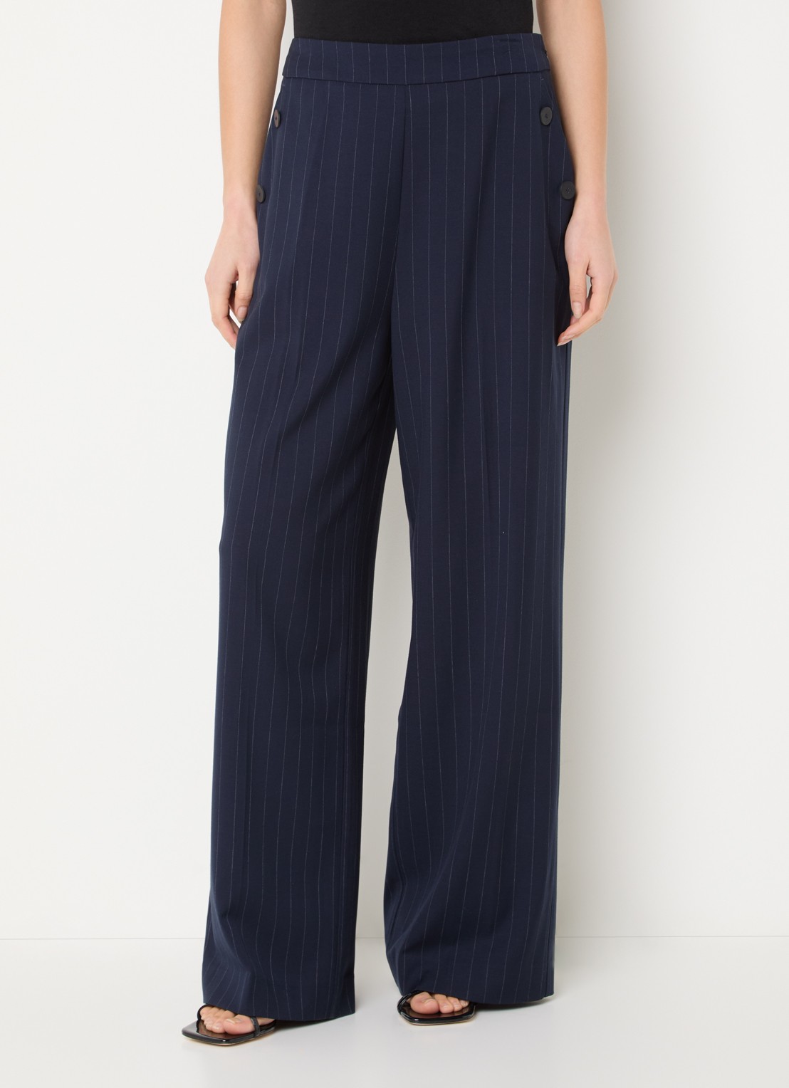 French Connection Alia high waist wide fit pantalon met krijtstreep en steekzakken - detail 2 donkerblauw