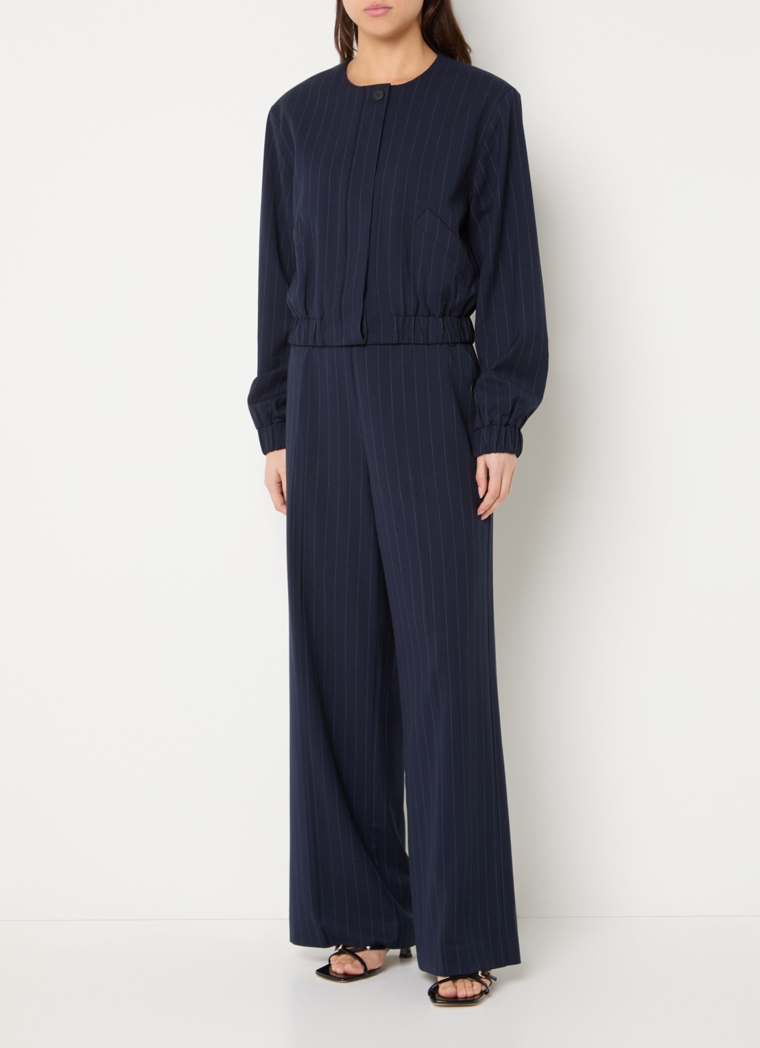 French Connection Alia high waist wide fit pantalon met krijtstreep en steekzakken - voorkant 4 donkerblauw