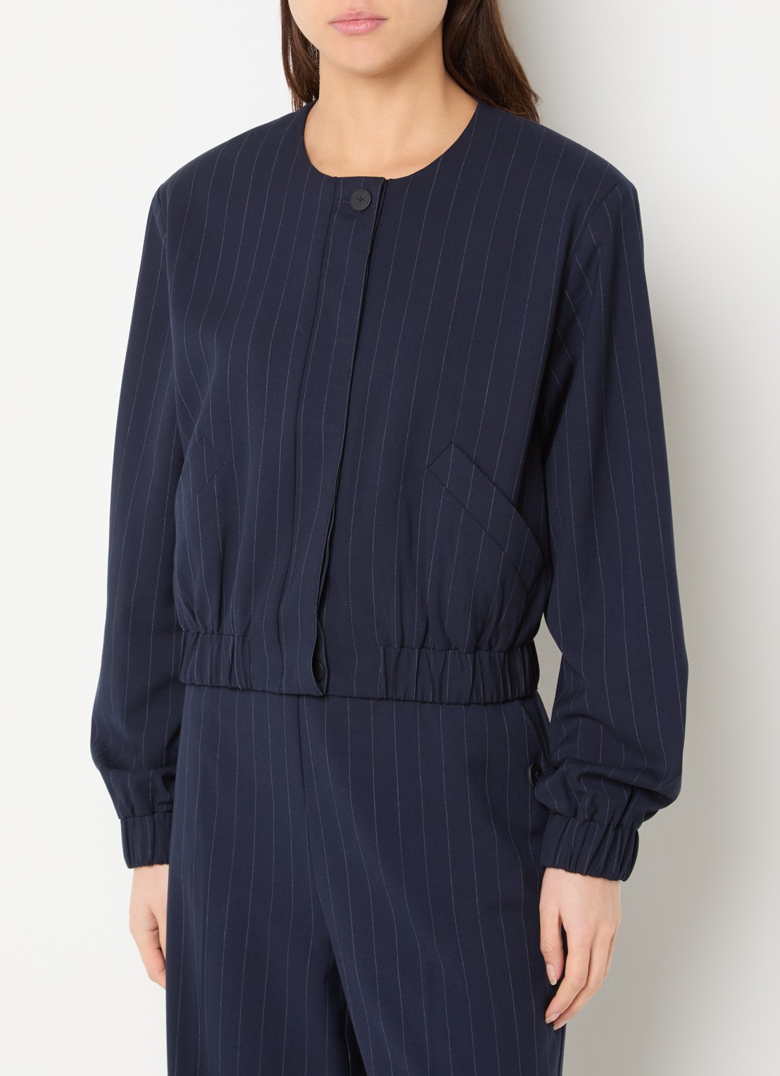 French Connection Alia jack met krijstreep en steekzakken - detail donkerblauw