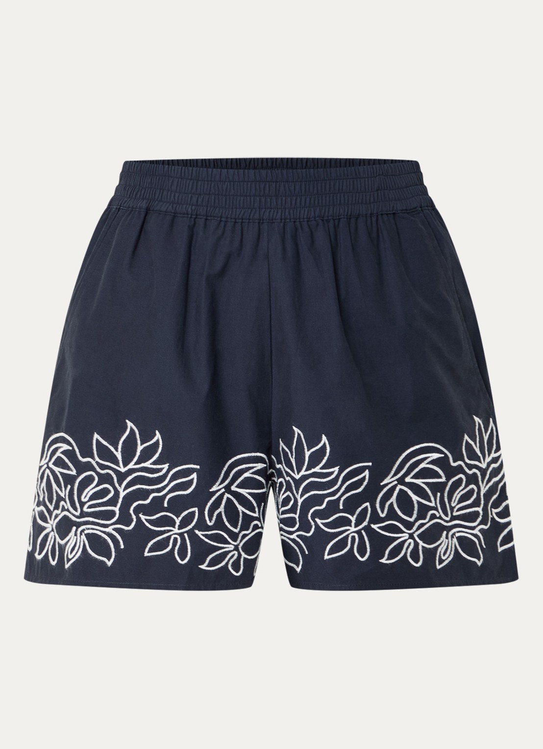 French Connection Alissa high waist straight fit korte broek met bloemborduring - voorkant 3 donkerblauw