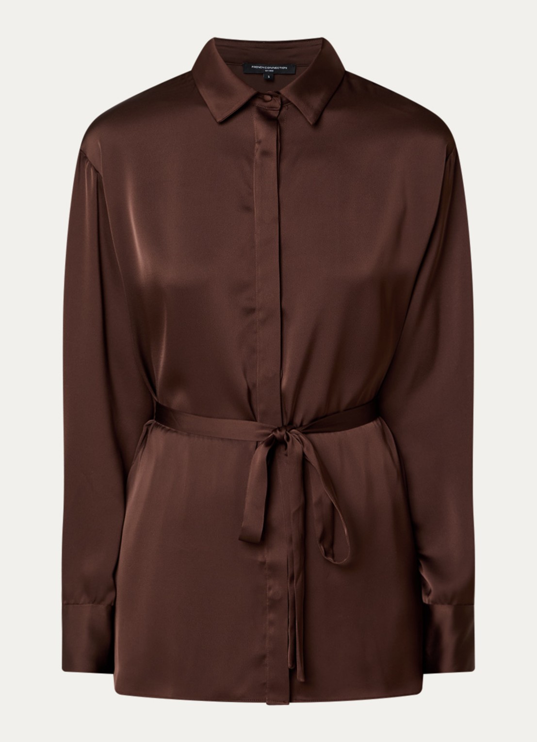 French Connection Bernadetta blouse van satijn met strikceintuur - voorkant donkerbruin