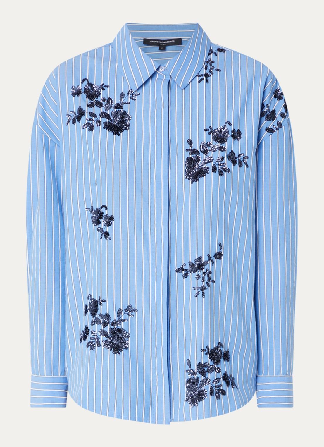French Connection Blouse met streepprint en pailletten - voorkant 2 blauw