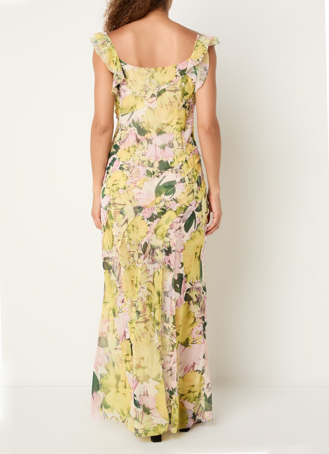 French Connection Carla maxi jurk met bloemenprint en split - achterkant 4 okergeel