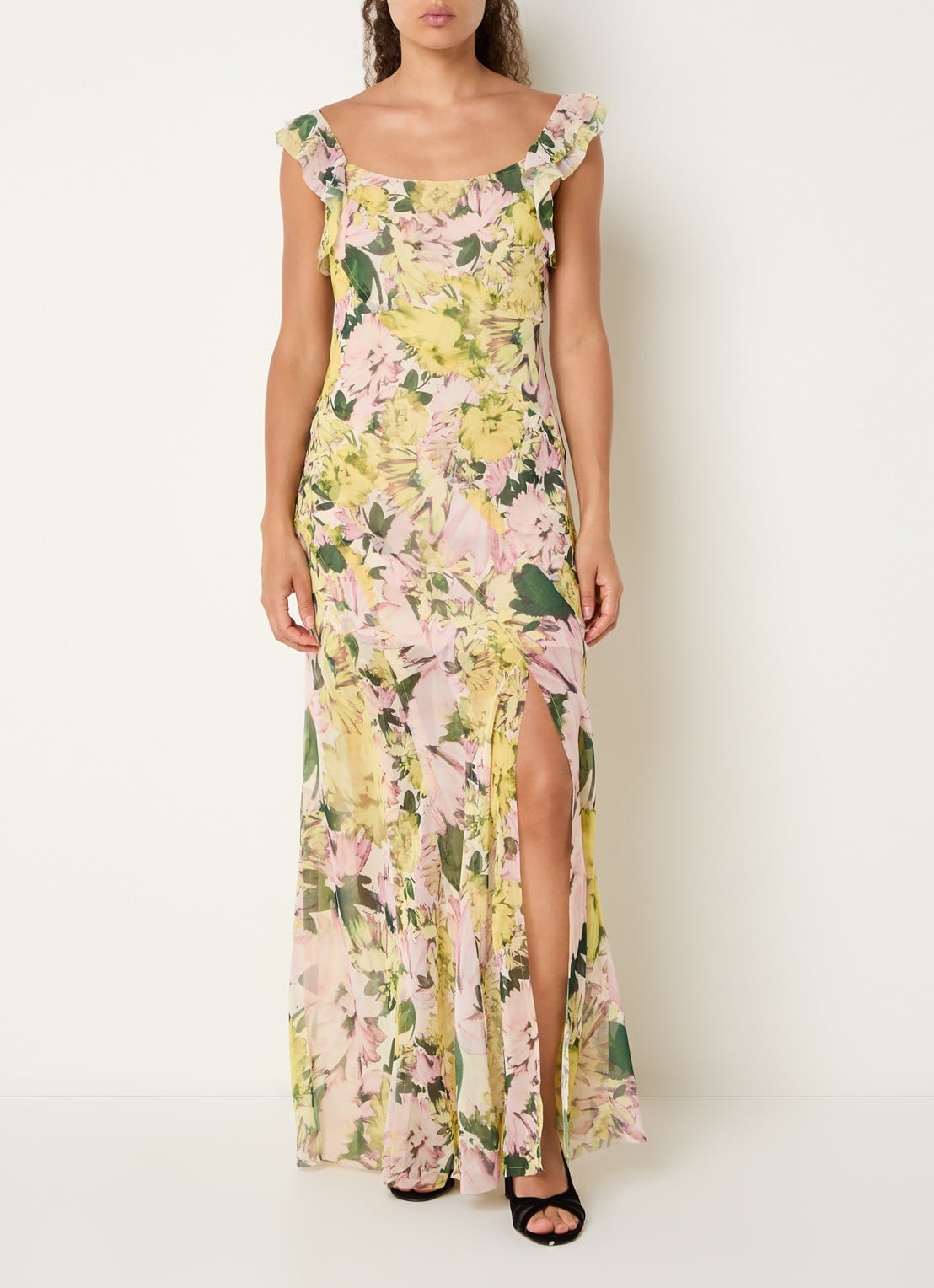 French Connection Carla maxi jurk met bloemenprint en split - detail okergeel
